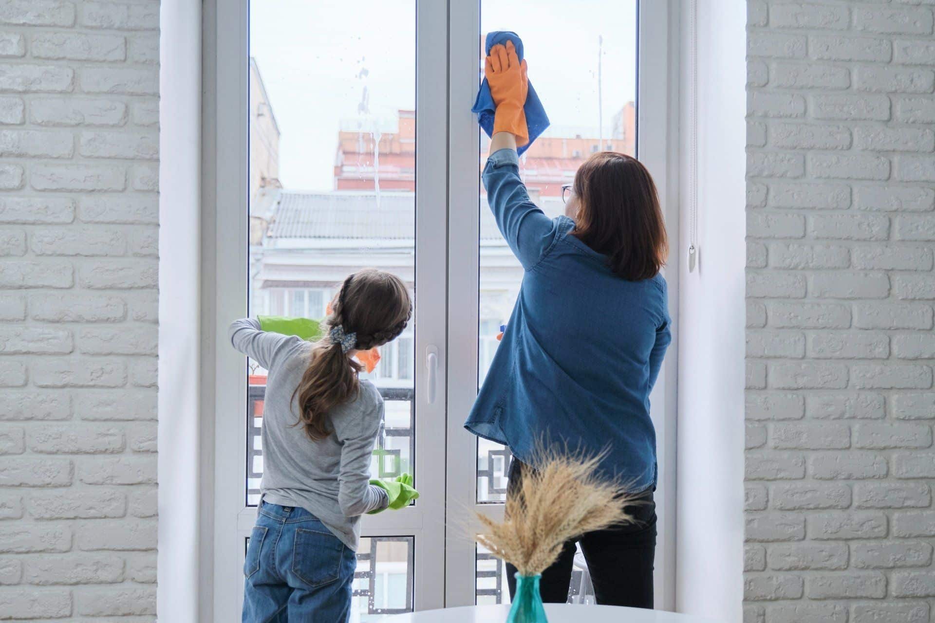 mom and daughter cleaning windows together