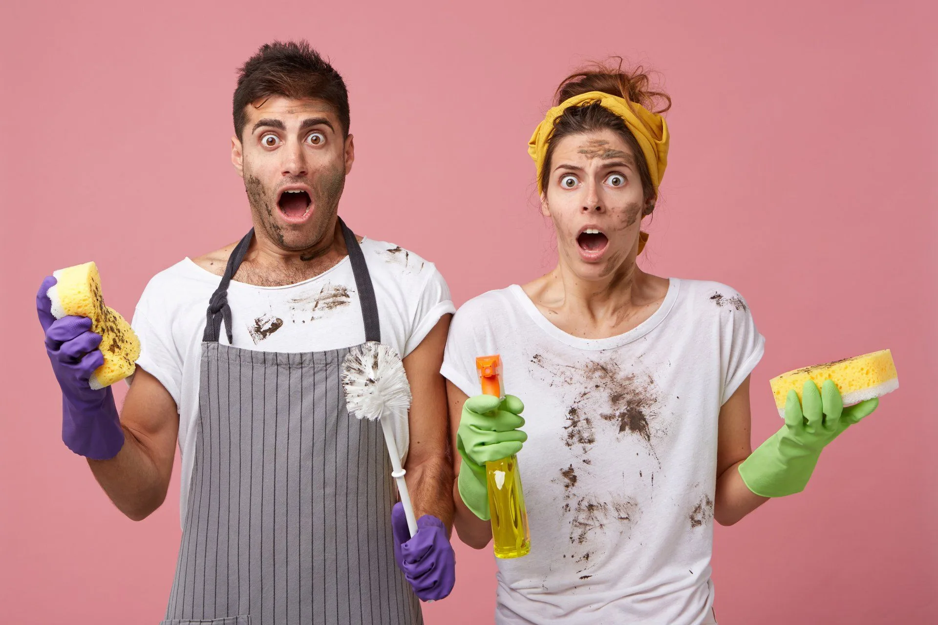 How Often Should You Clean Your Carpets? 19 man and woman covered in dirt holding cleaning supplies. how often should you clean your carpets?