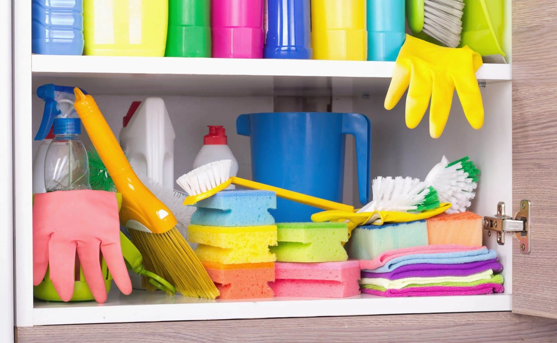 What Cleaning Products Do I Need in My Home? 5 cleaning tools and supplies stored in a cabinet