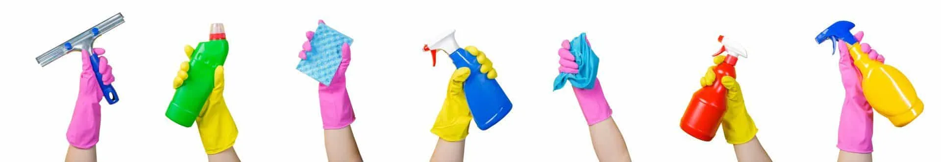 How to Have the Best Smelling House on the Block 44 pink and yellow gloved hands holding up a variety of cleaning products