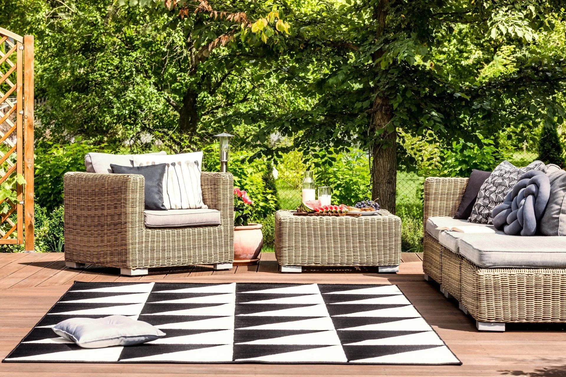 How to Care for Your Area Rugs 29 an outdoor seating area with a black and white geometric rug design