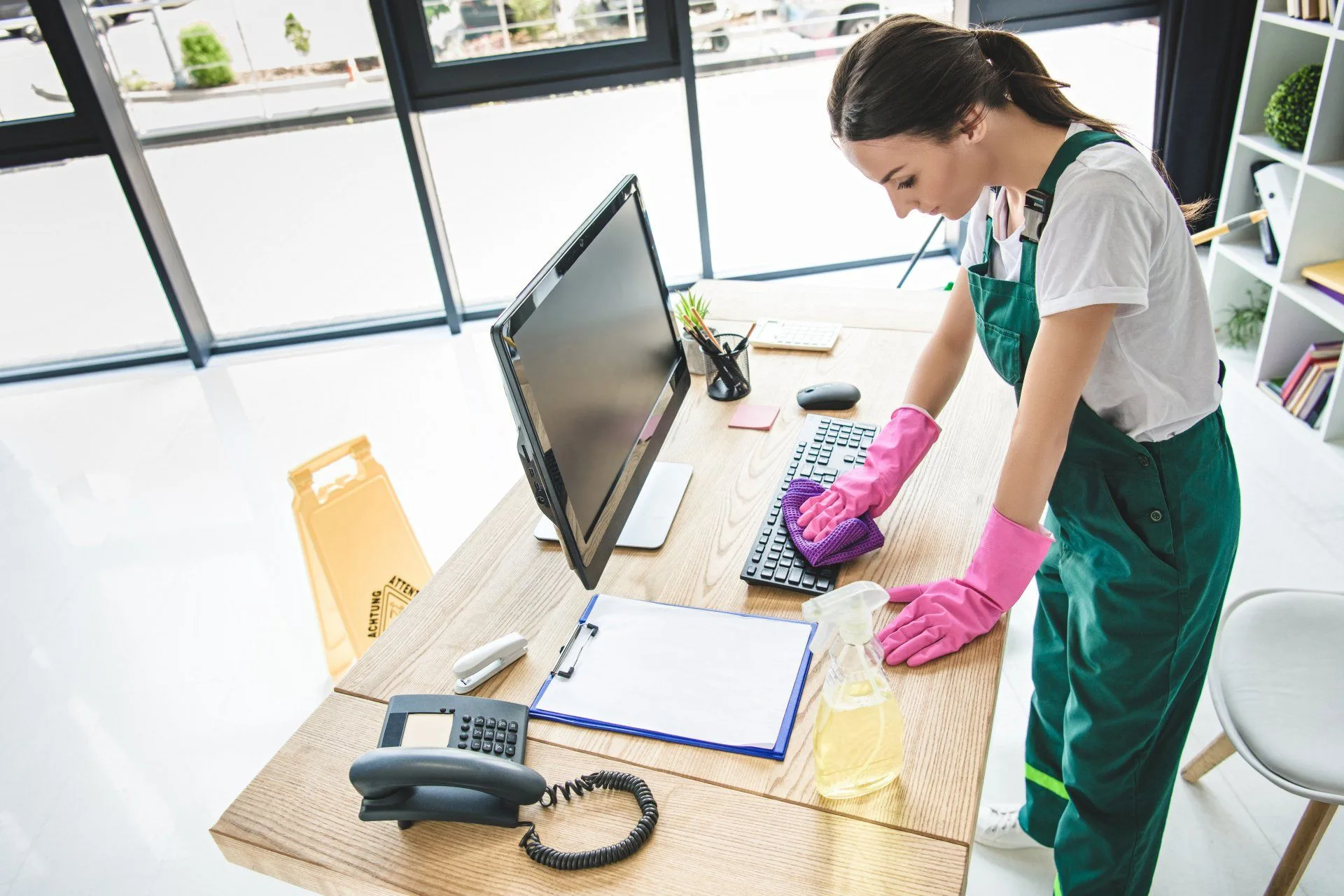 Why Your Office Needs a Commercial Cleaning Service 17 a cleaner wiping down a keyboard on a company desk