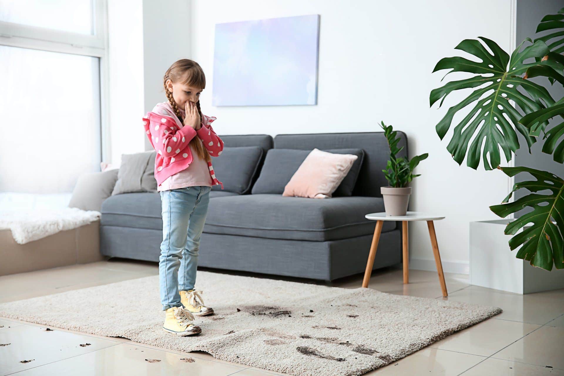little girl feeling bad about leaving muddy footprints in rug