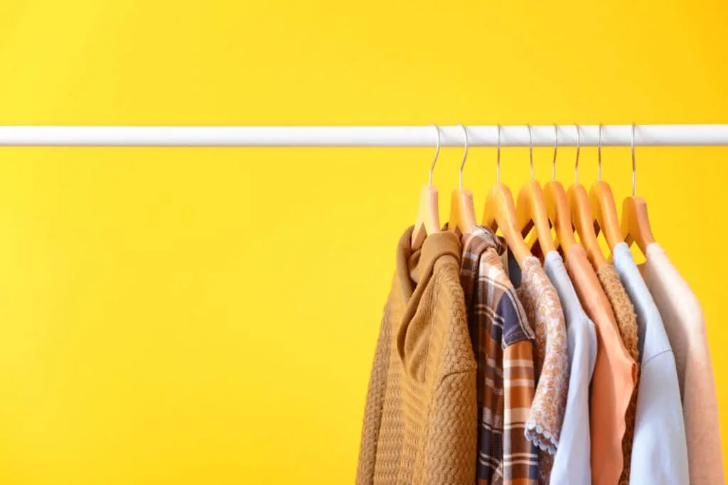5 Hall Closet Organization Tips 7 An organized hall closet on a yellow background.