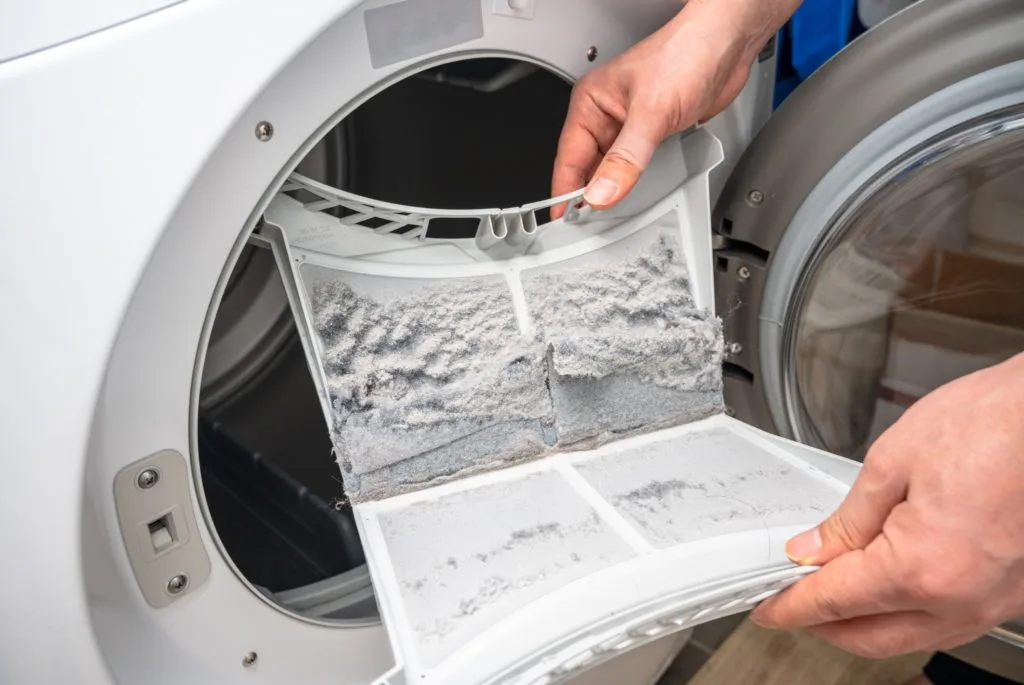 How to Clean Your House Cleaning Tools 8 Some holding the dryer lint trap, covered in lint.