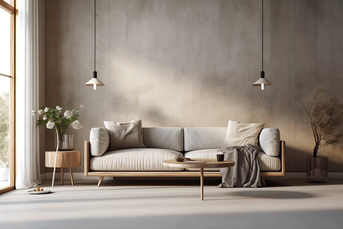 Background interior of living room with light colored concrete walls, sofa, and table. Generative AI
