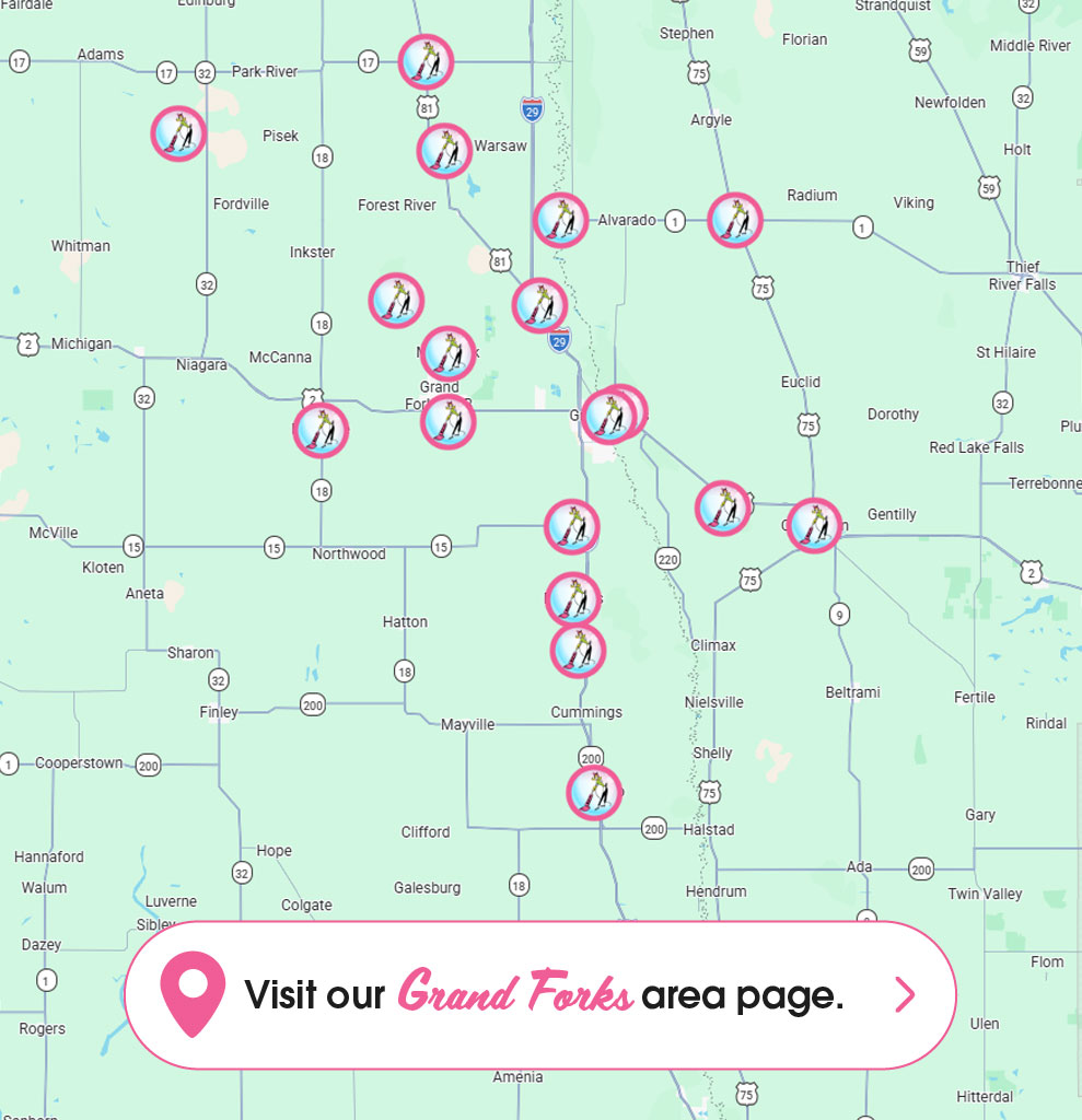 visual map of service areas for Grand Forks indicated by map markers.